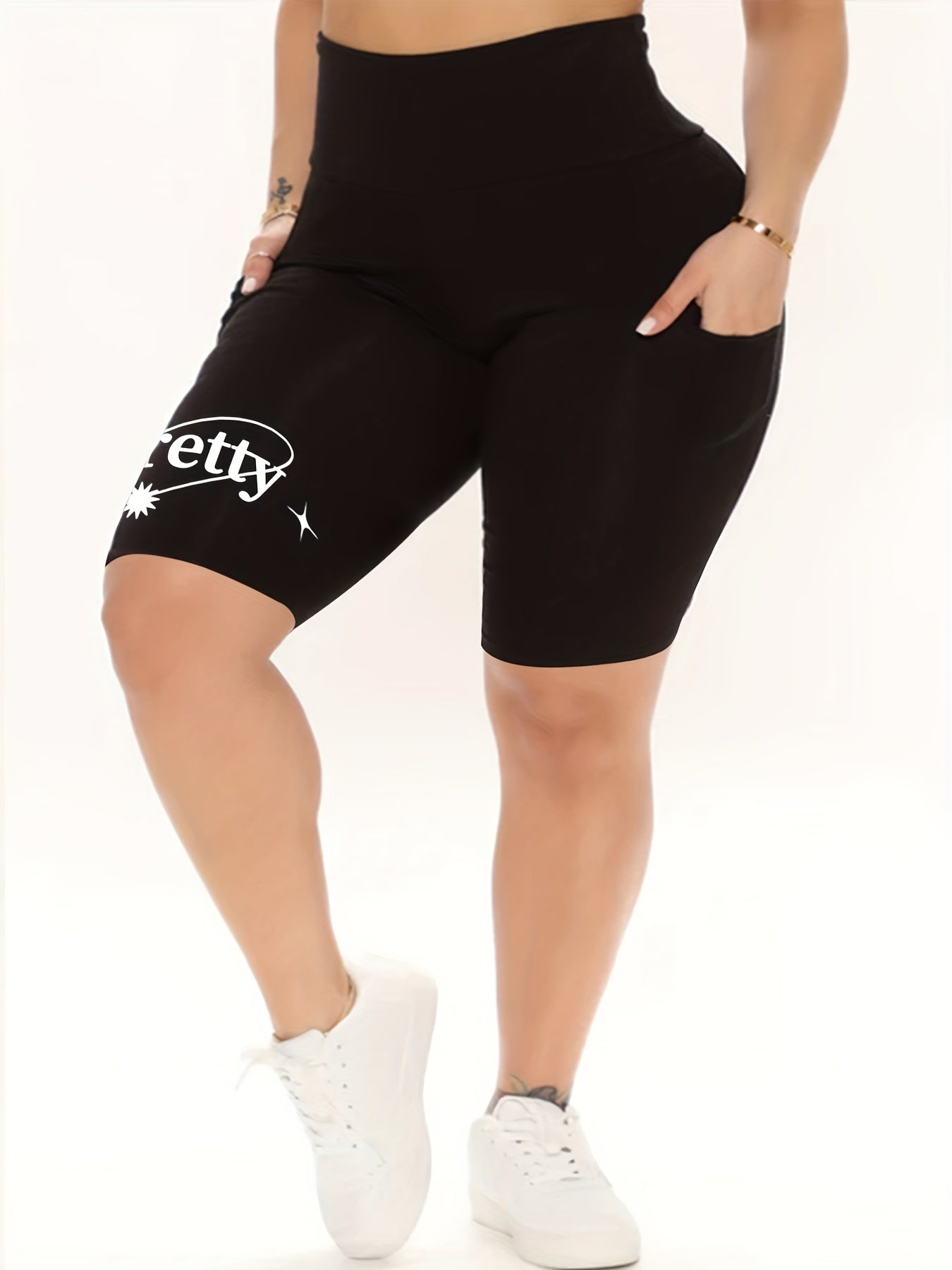 Plus Letter & Flower Print High Rise Biker Shorts