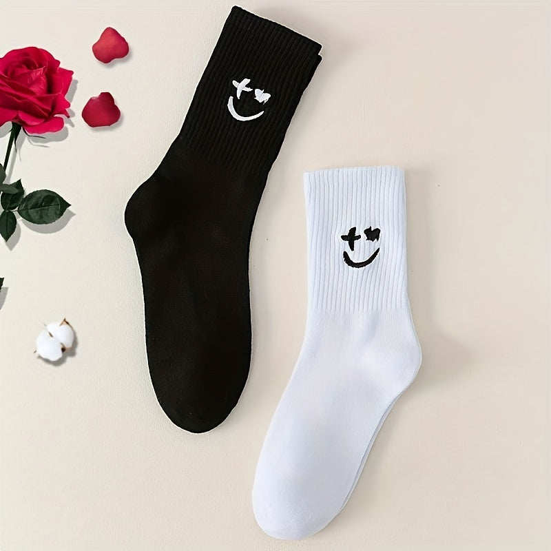 Men's Smiley Face Crew Socks - Cartoon Pattern, Comfy Street Style