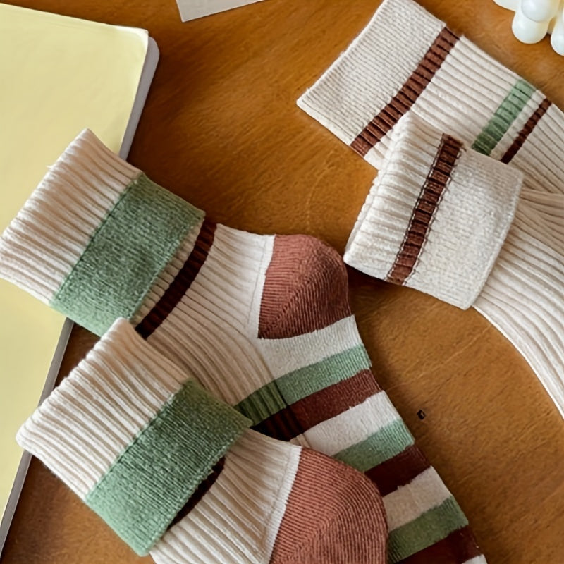 5 Pairs Colorblock Striped Socks Comfy & Breathable Women's Mid Tube Stockings