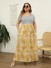  Women's Stripe & Tropical Print Round Neck Dress