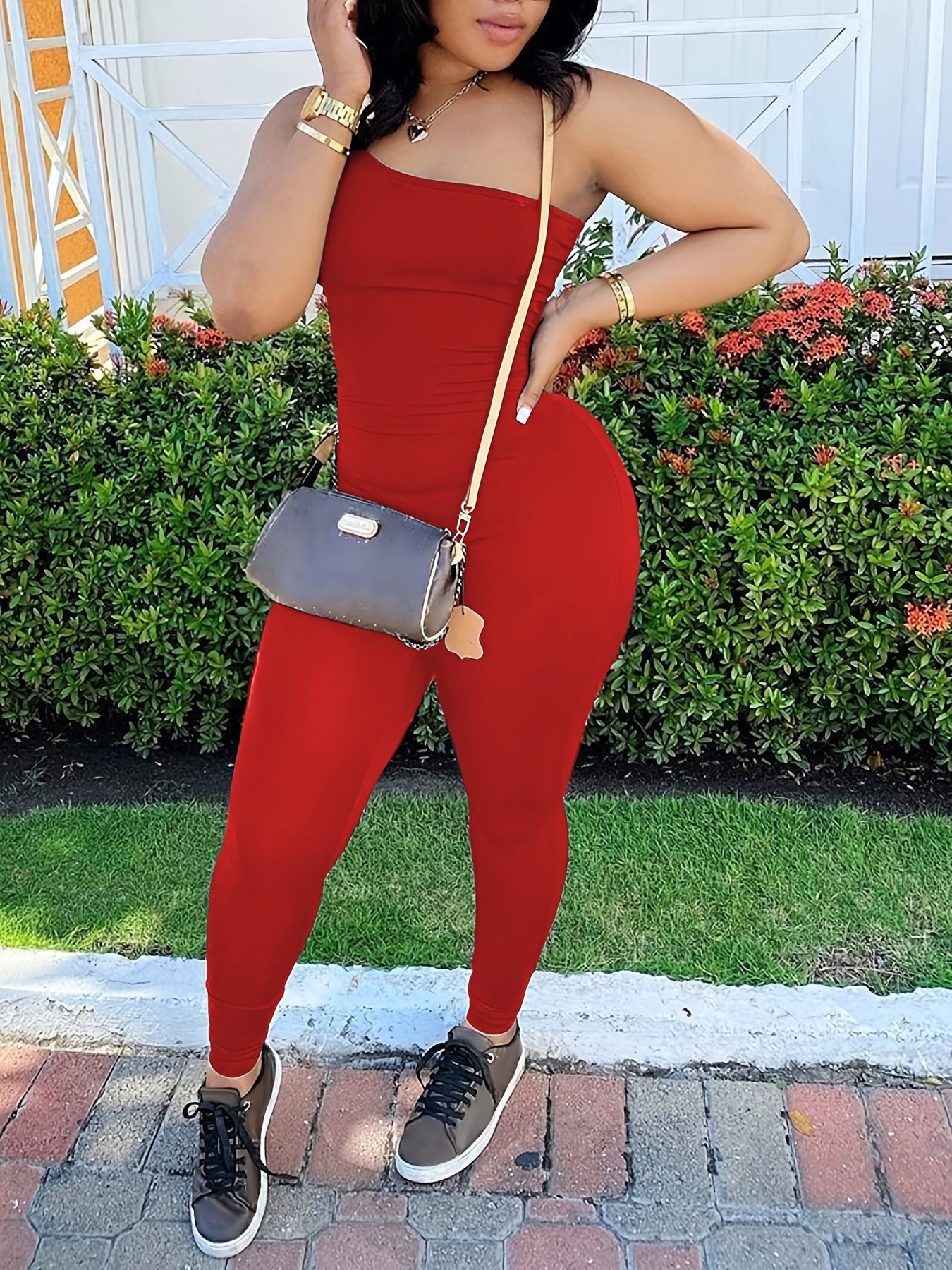 One Shoulder Slim Jumpsuit Sexy Sleeveless Asymmetrical Neck Jumpsuit
