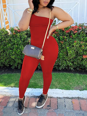 One Shoulder Slim Jumpsuit Sexy Sleeveless Asymmetrical Neck Jumpsuit