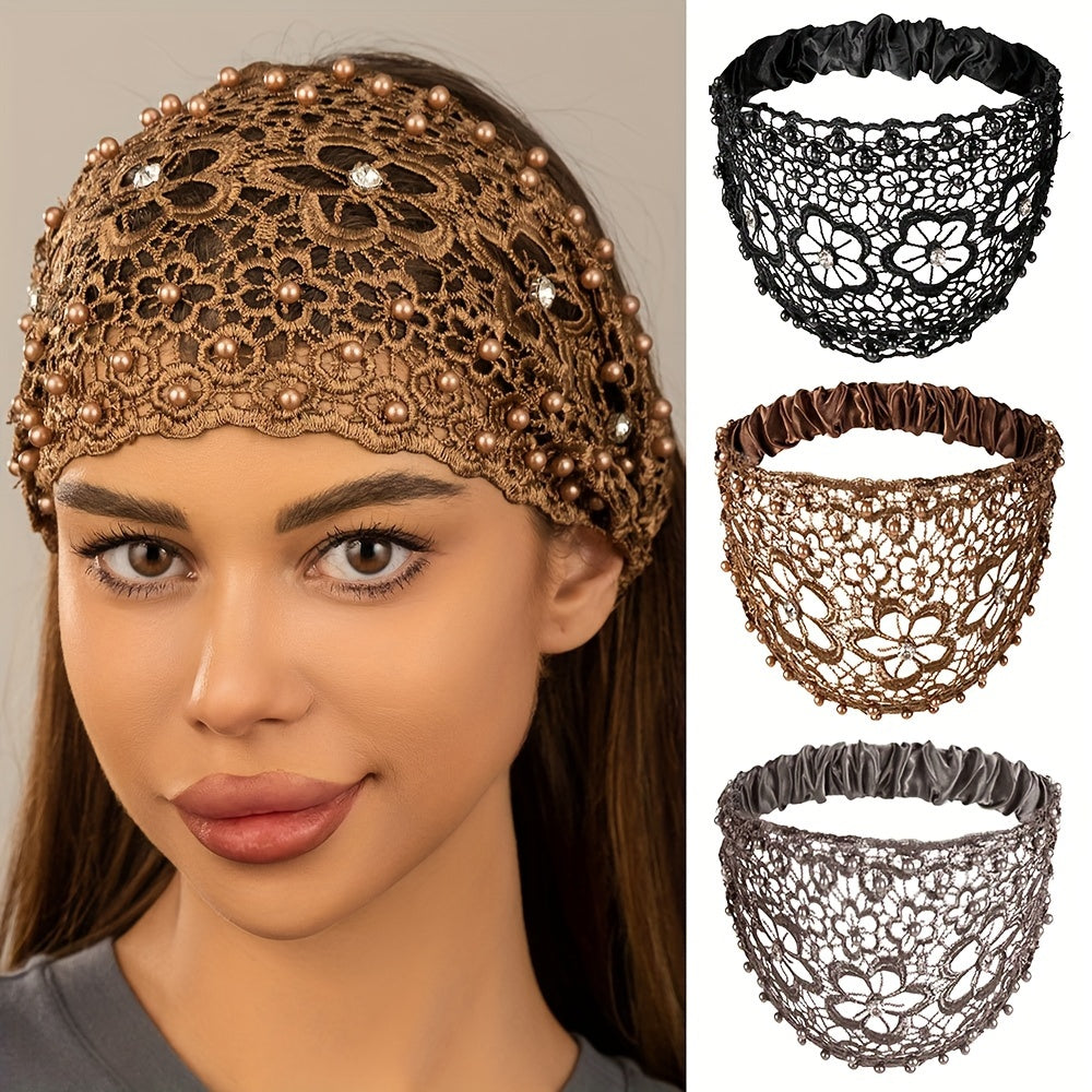 Hollow Lace Flower Pattern Headband Faux Pearl Charms Stretch Headband