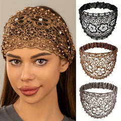 Hollow Lace Flower Pattern Headband Faux Pearl Charms Stretch Headband