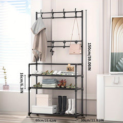 Entryway Coat Rack Shoe Rack with Storage Shelves & 8 Double Hooks