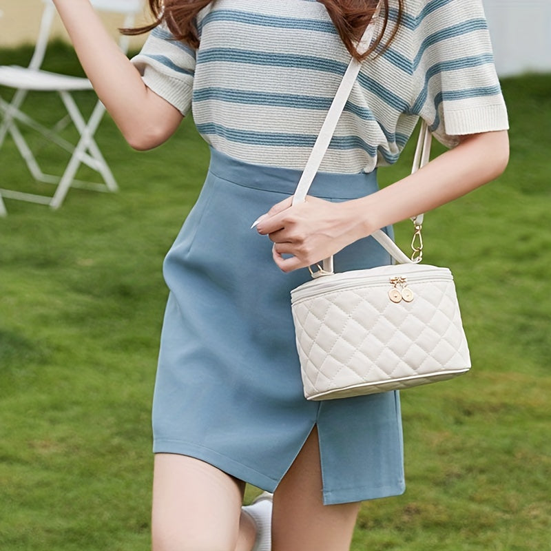 Portable PU Leather Rhombus Square Shoulder Bag Cosmetic Bag