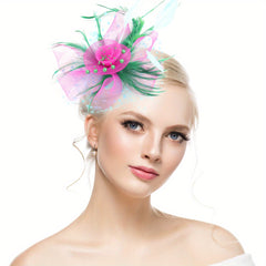 Mesh Flower Head Piece With Clip Faux Feather Fascinator