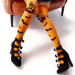 Halloween Bat Print Thigh High Socks Women's Stockings
