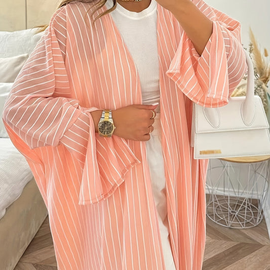  Stripe Print Bell Sleeve Open Front Maxi Cardigan