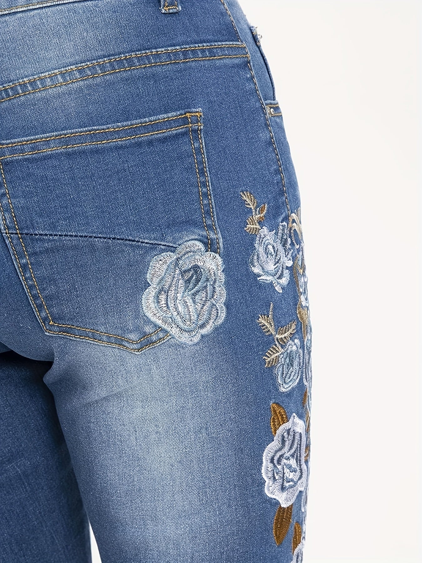  Floral Embroidery High Rise Flared Leg Jeans