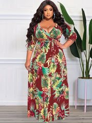 Women's Plus Tropical Print V Neck Maxi Dress