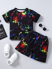 2pcs Boys Allover Print Graphic Short Sleeve Tees & Shorts Sets