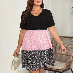  Colorblock Floral Print Smock Dress