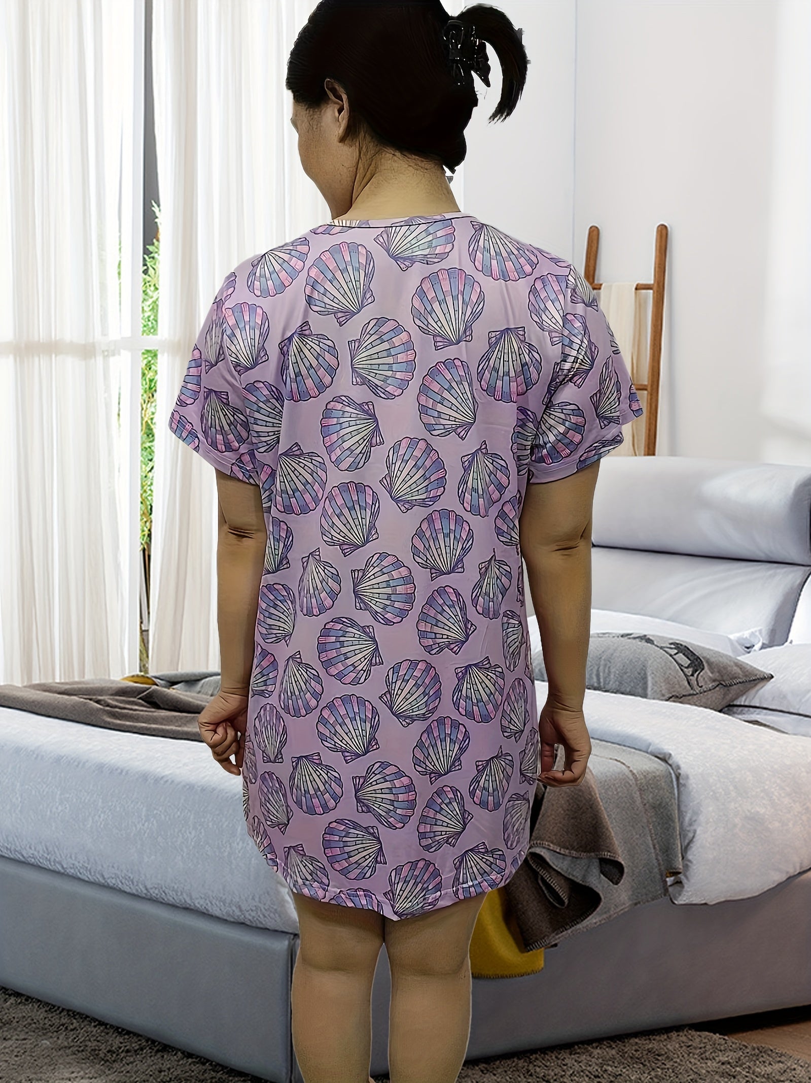  Casual Loungewear Dress Women's Plus Scallop Print Short Sleeve