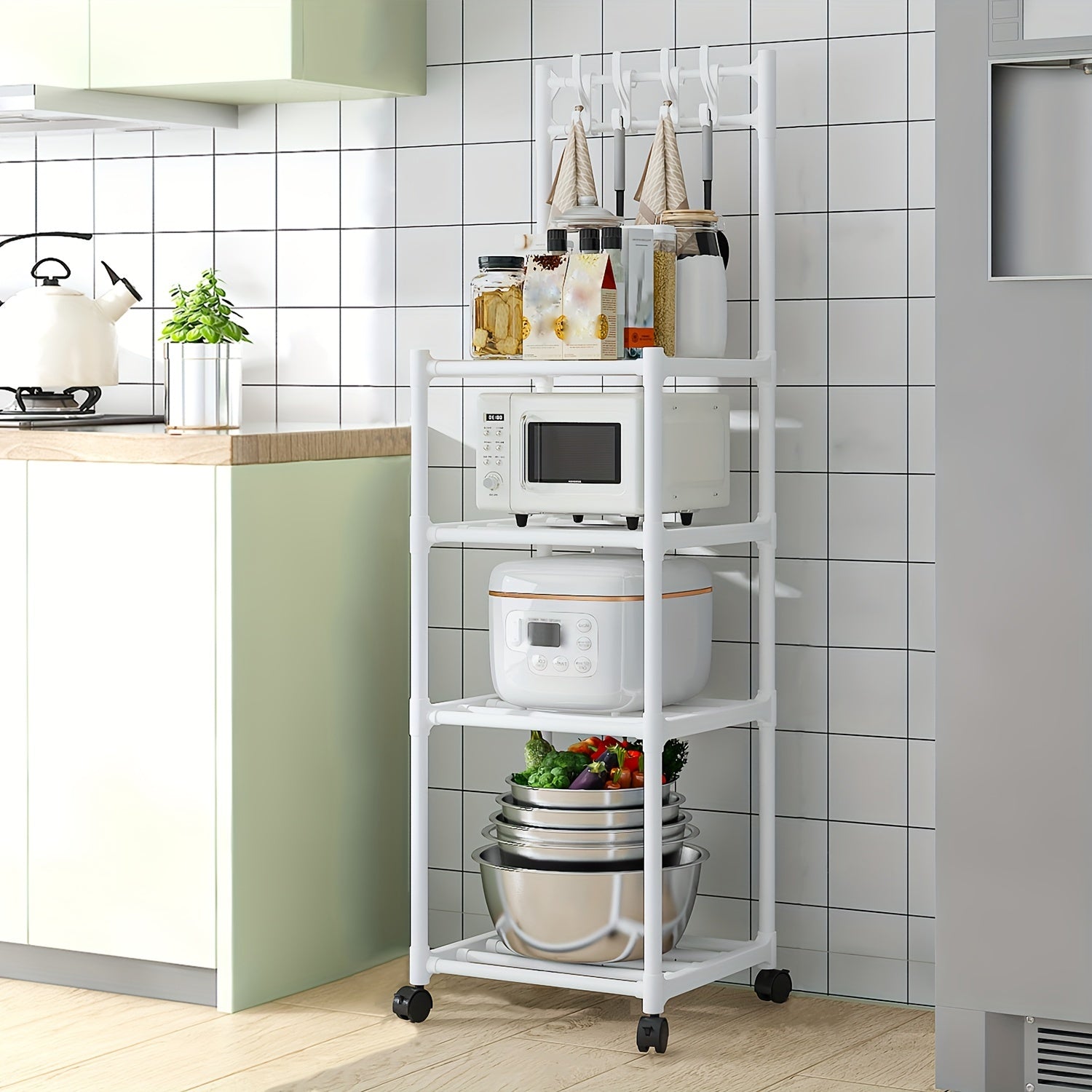4 Layer Kitchen Storage Rack With Pulleys & Hooks Standing Rack