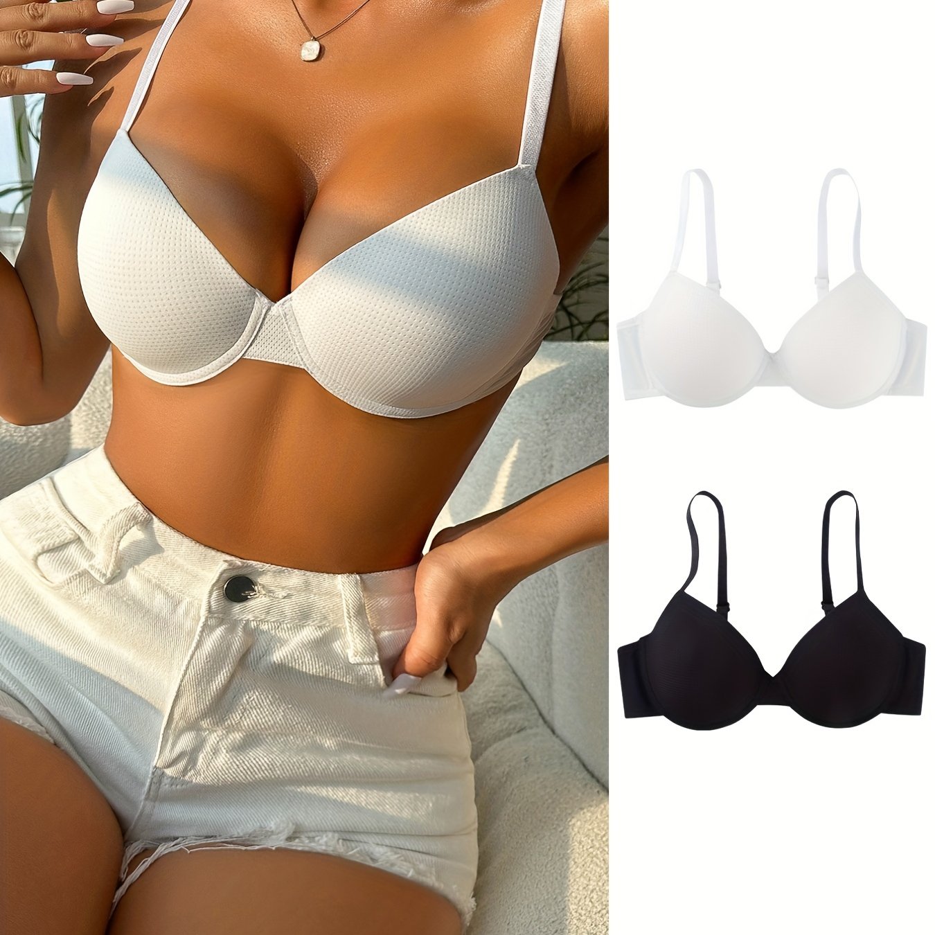 2pcs Solid Push Up T-Shirt Bras Breathable Comfy Women's Lingerie & Underwear