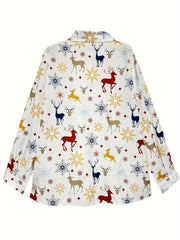  Women's Reindeer & Snowflake Print Long Sleeve Blouse