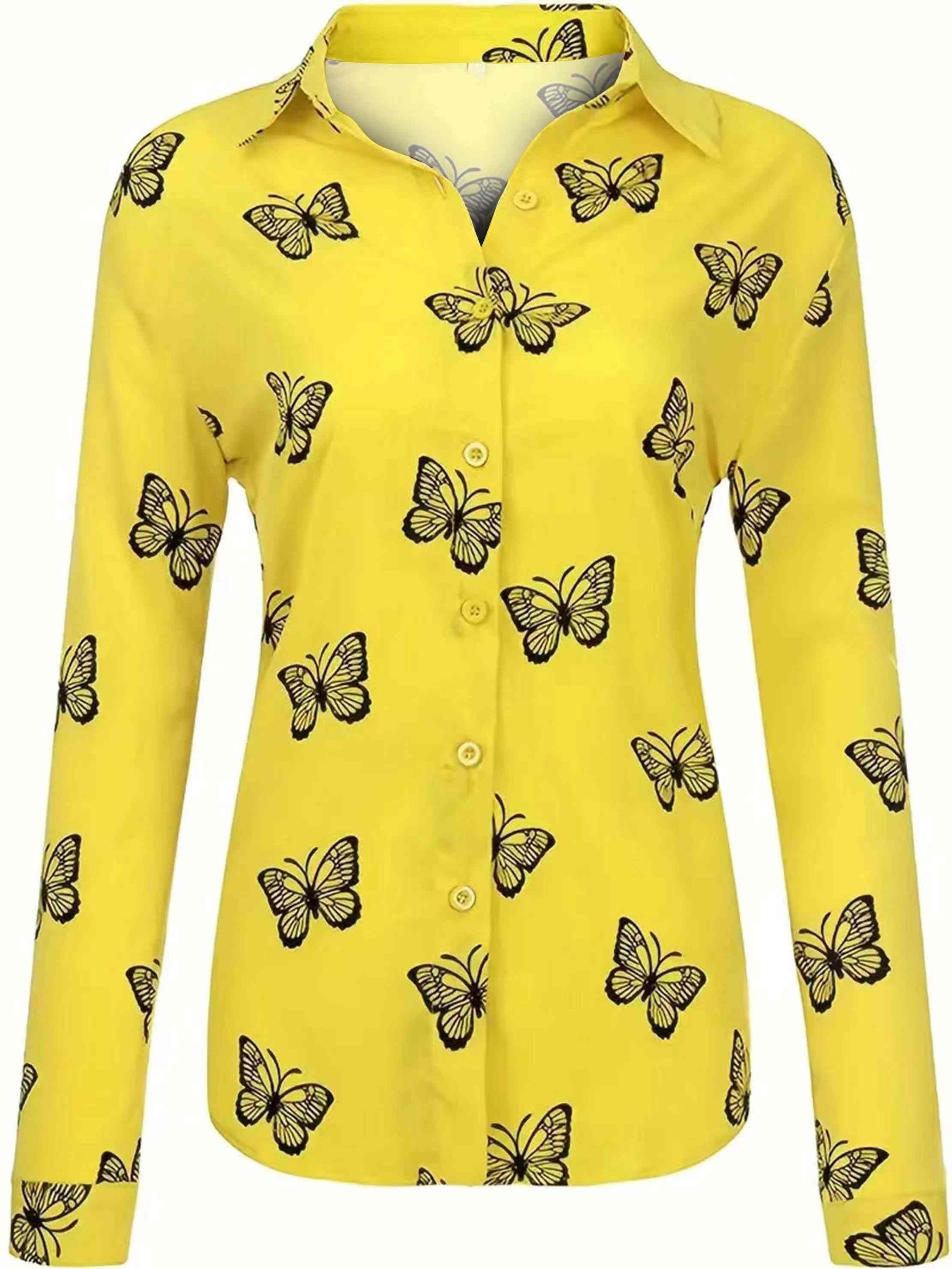  Butterfly Print Button Up Long Sleeve Blouse