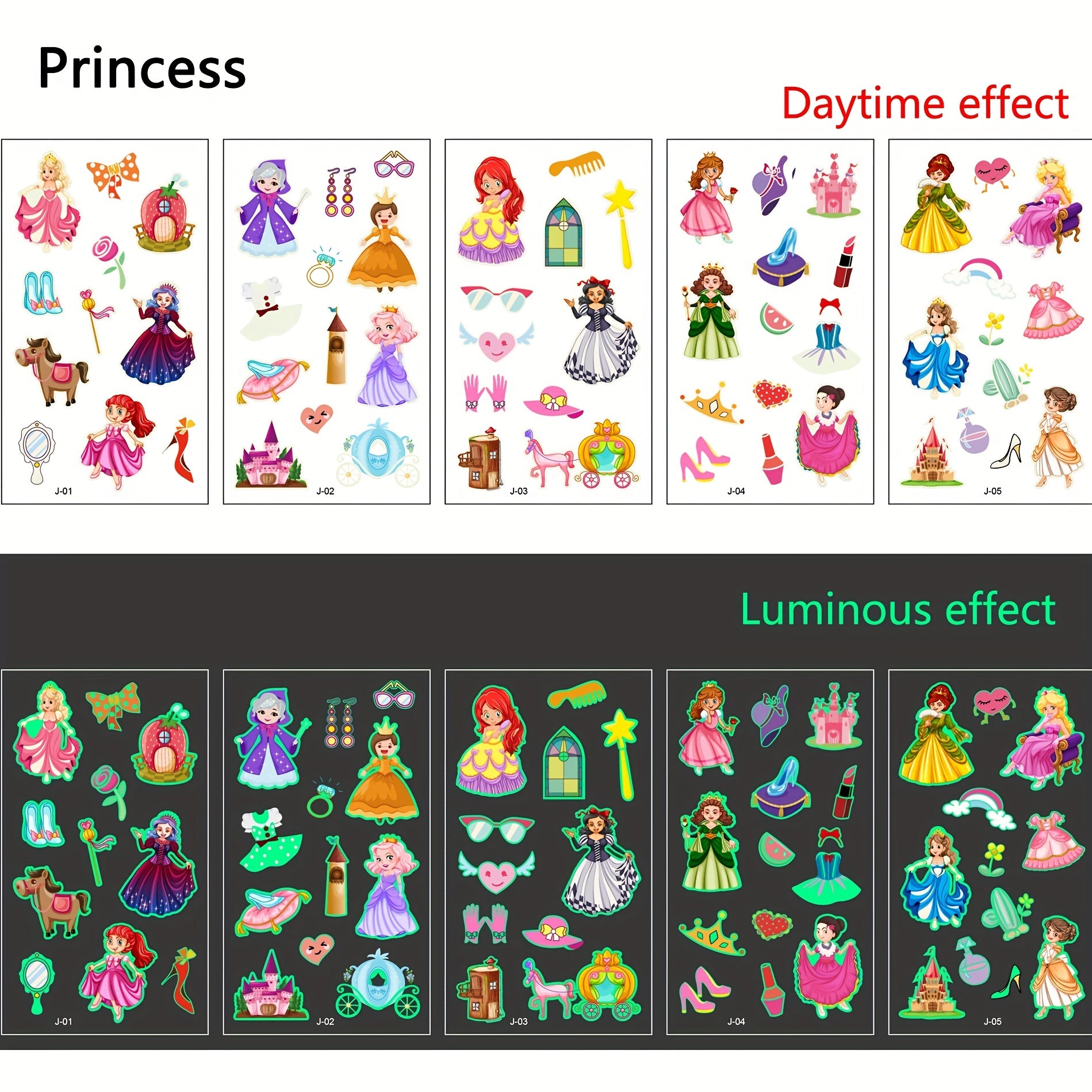 Luminous Tattoo Stickers Set for Children Princess Unicorn Butterfly