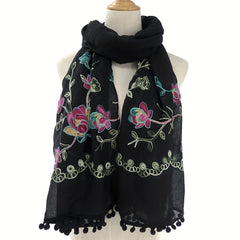 National Style Embroidered Tassel Scarf Light Thin Breathable Shawl for Women