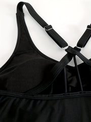  Casual Tankini Set Solid V Neck Cami Top & Shorts Swimsuit