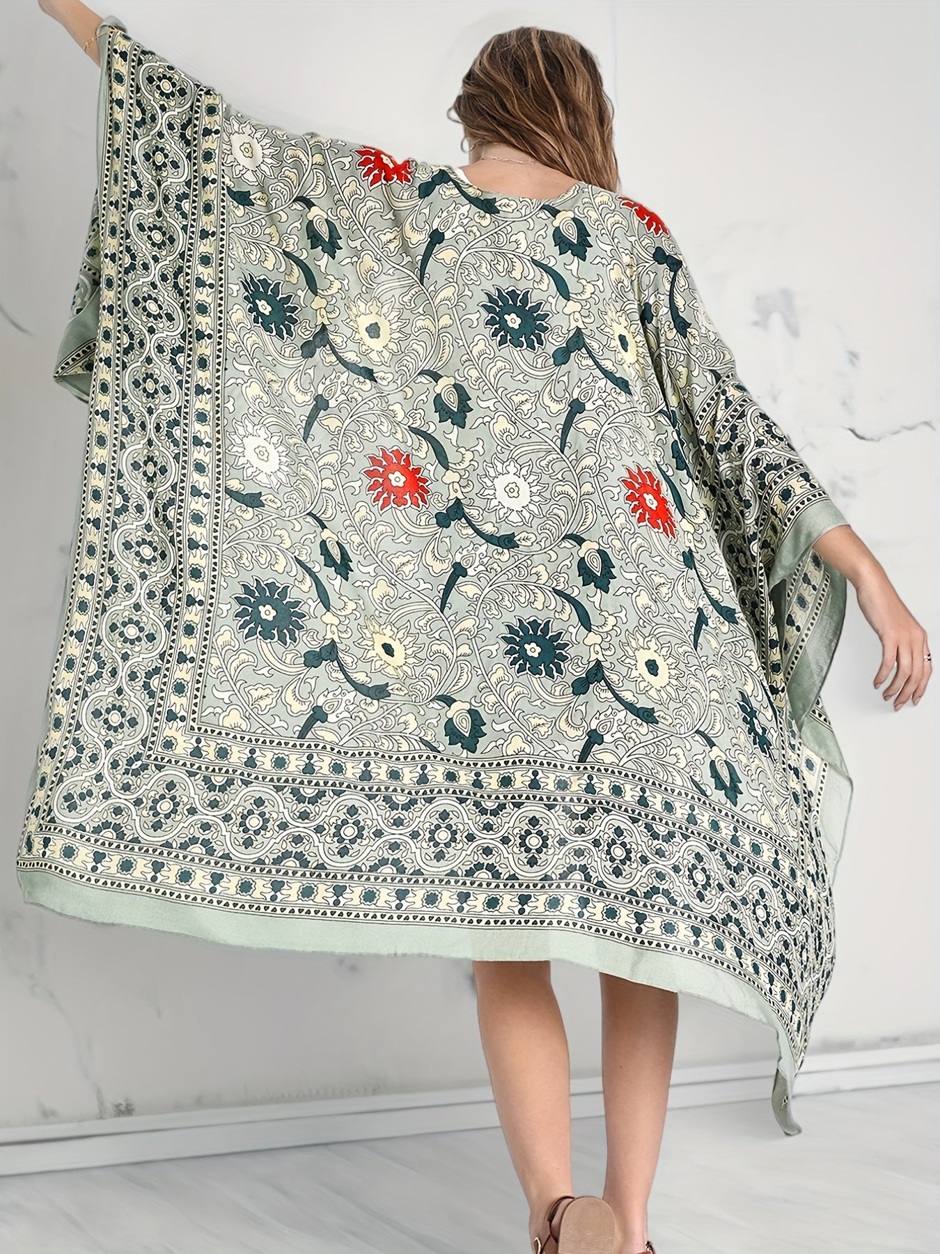  Boho Cover Up Women's Plus Scarf & Paisley Print Batwing Sleeve