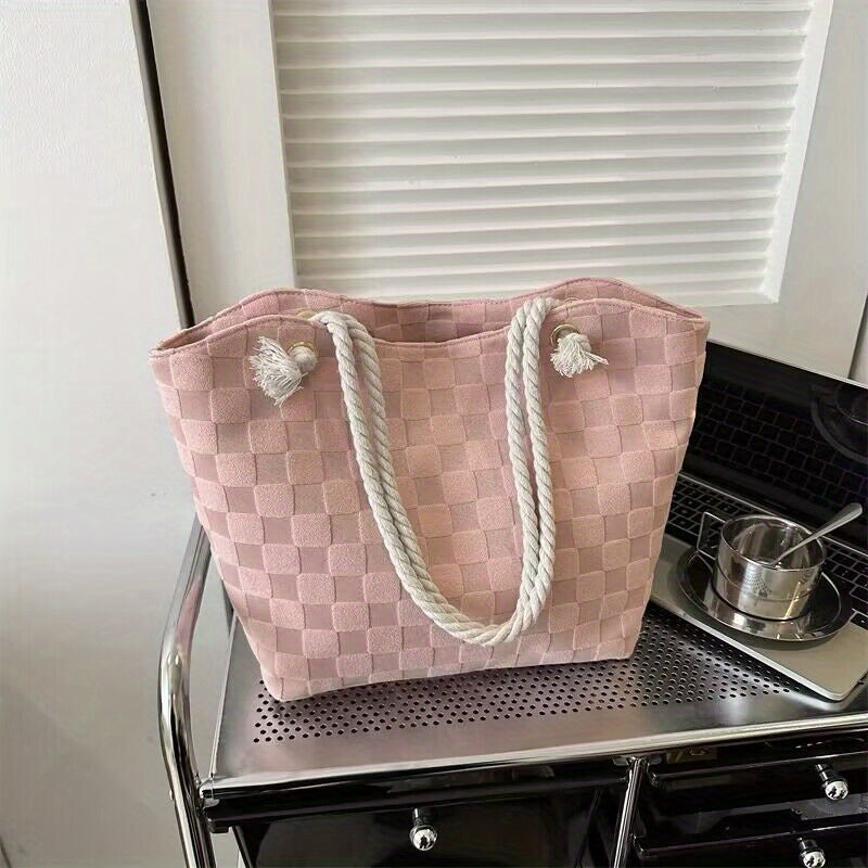 Plaid Embossed Tote Bag Large Capacity Shoulder Bag Hobo Handbag