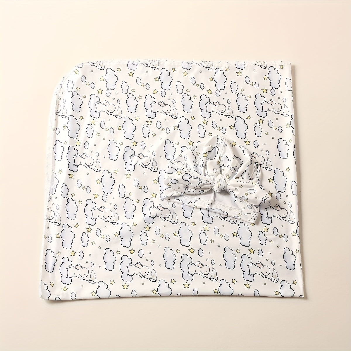 3 Piece Newborn Blanket Kit Rabbit Print Wrap Anti Startle Swaddle Headband