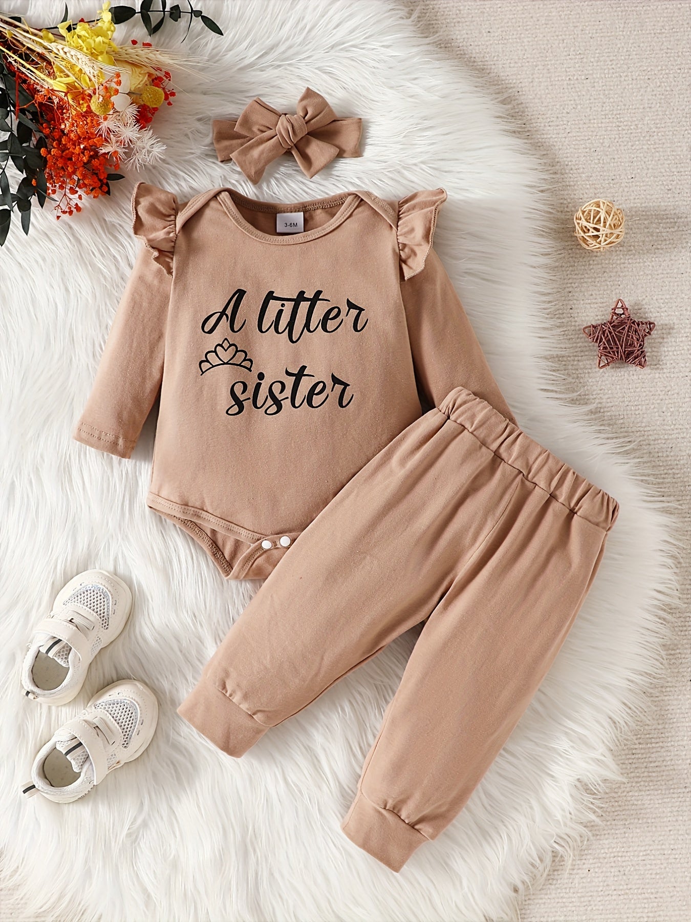3pc Baby Girl Set: Letter Print Jumpsuit Pants Headband
