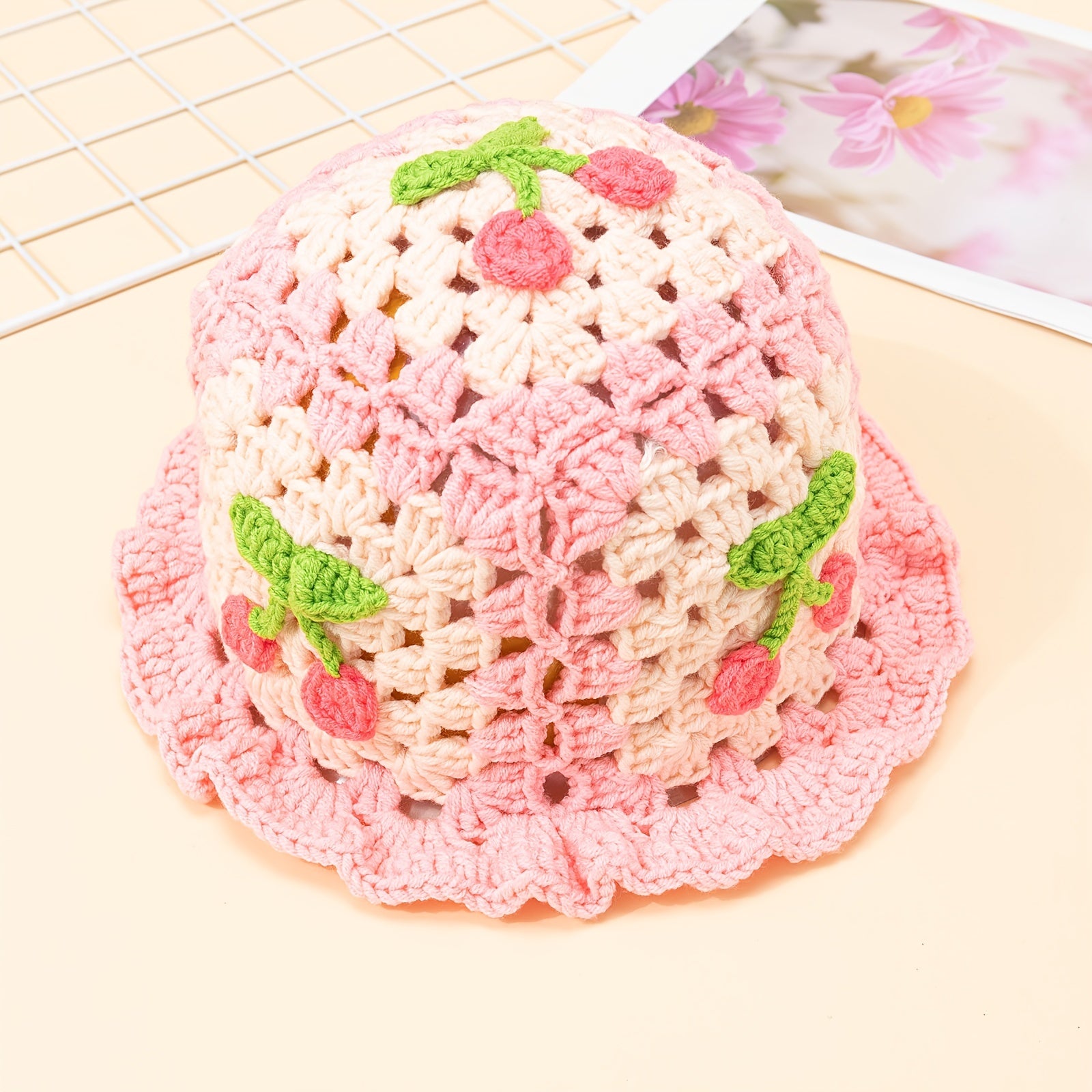 Cherry Crochet Ruffles Beanie Hollow Cotton Cloche Hat Women Knit Hats Bucket