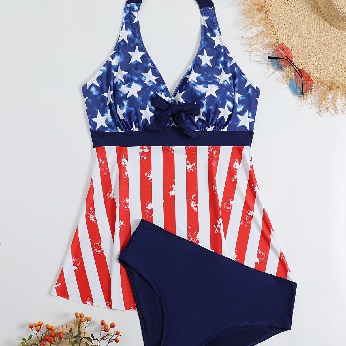  Strip & Star Print Halter Neck Top & Panty Swimsuit Set