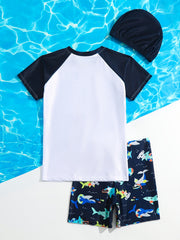Boys Cartoon Shark & Dinosaur Swim Suit Set with Trunks, Tops & Cap