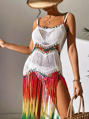 Colorful Fringe Criss Cross Crochet Cover Up Dress Scoop Neck Beach Coverup