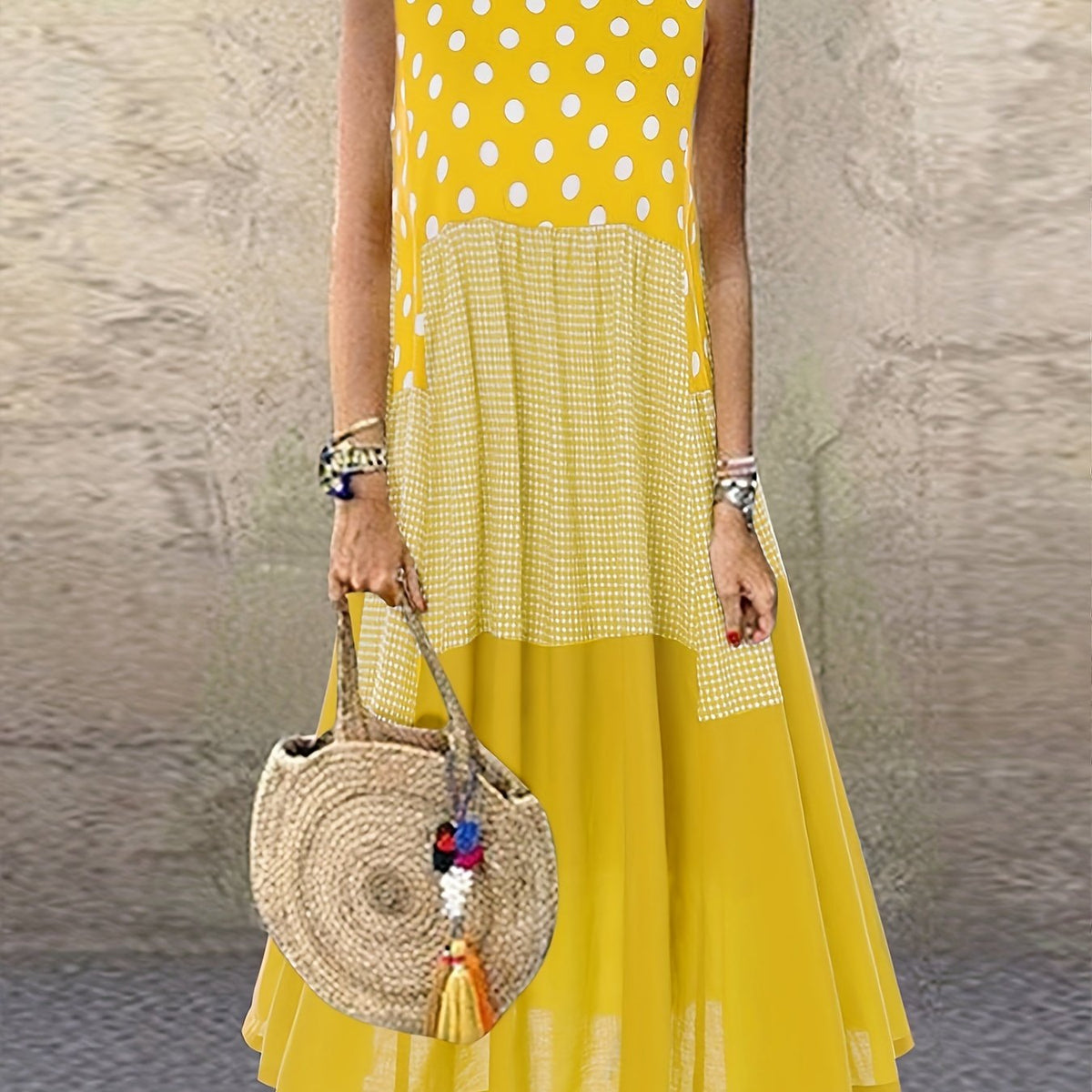  Boho Polka Dot Print Dress Round Neck Tank