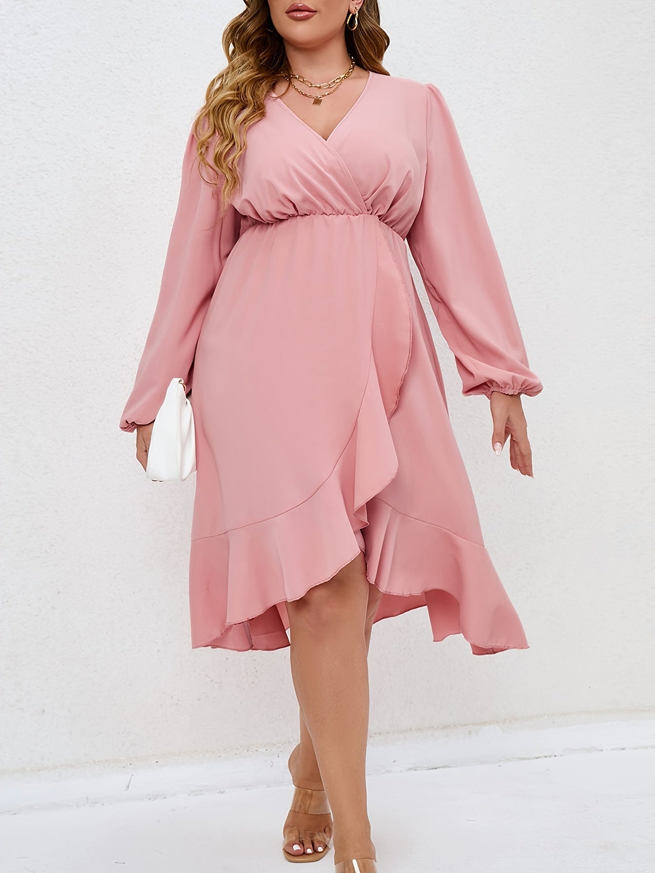 Plus Size Ruffle Trim Lantern Sleeve Midi Dress