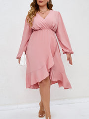 Plus Size Ruffle Trim Lantern Sleeve Midi Dress