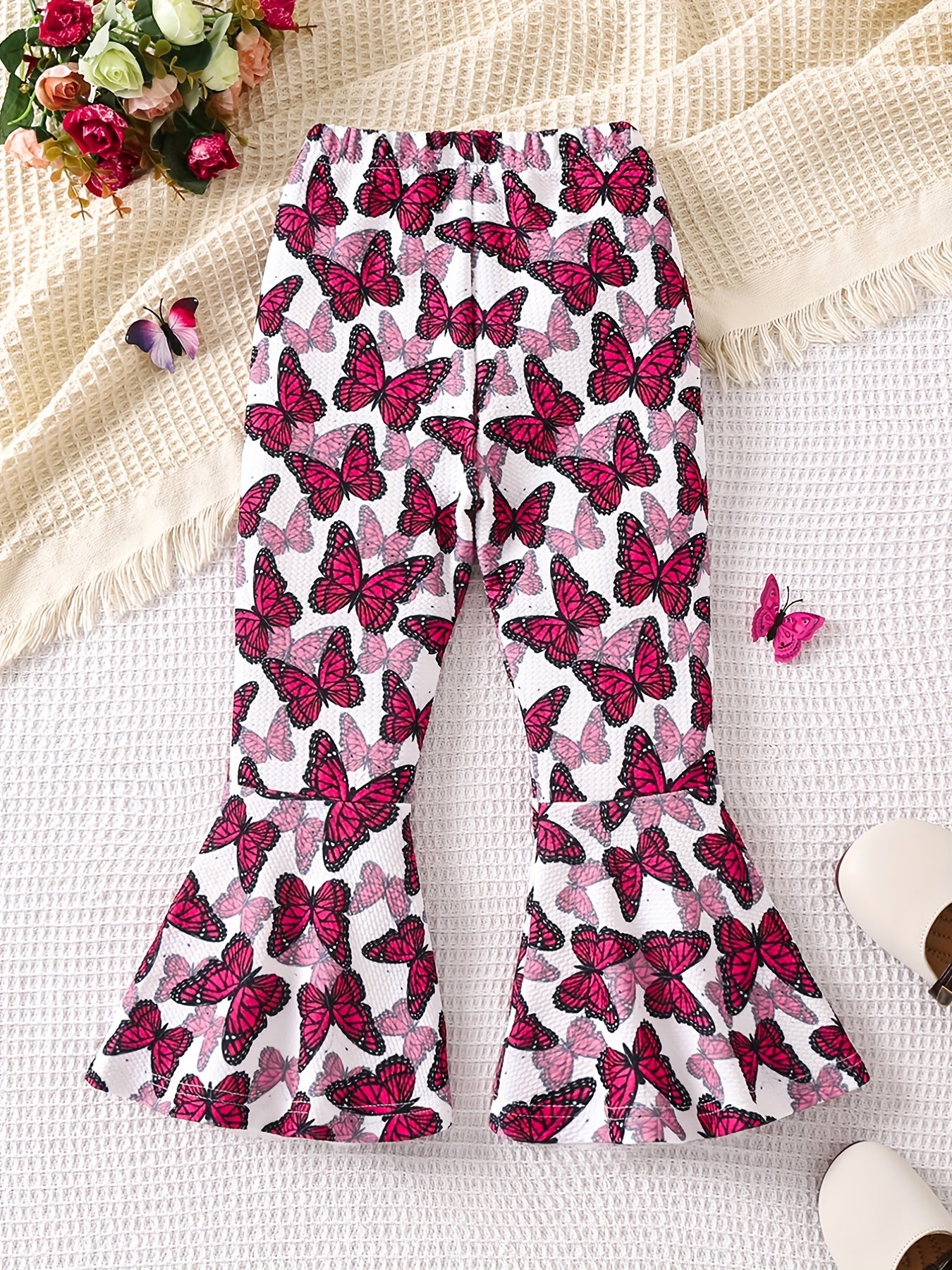 Boho Floral Print Bell Bottom Pants Elastic Waist Stretchy Fit Casual Trousers