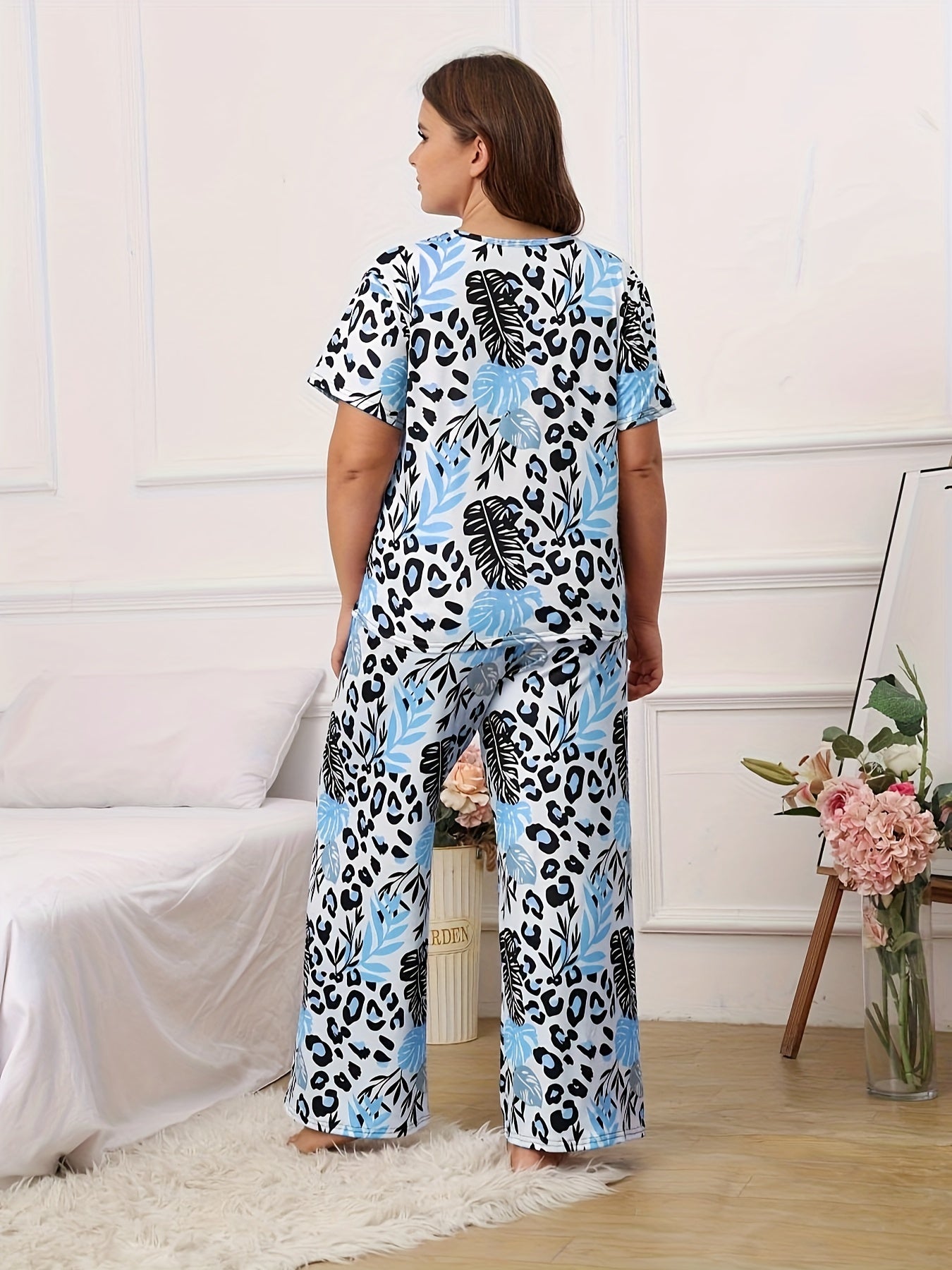  Boho Pajama Set Women's Plus Leopard & Tropical Print Tee & Pants