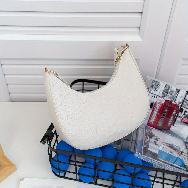 Crocodile Pattern Crescent Handbag Vegan Leather Hobo Purse