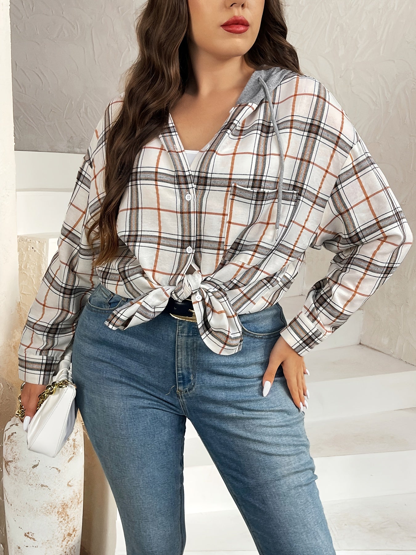  Colorblock Plaid Print Hooded Shacket