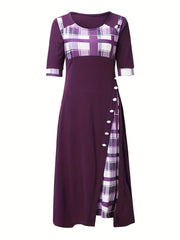 Plaid Print Splicing Dress Casual Crew Neck Short Sleeve Summer Asymmetrical Dre