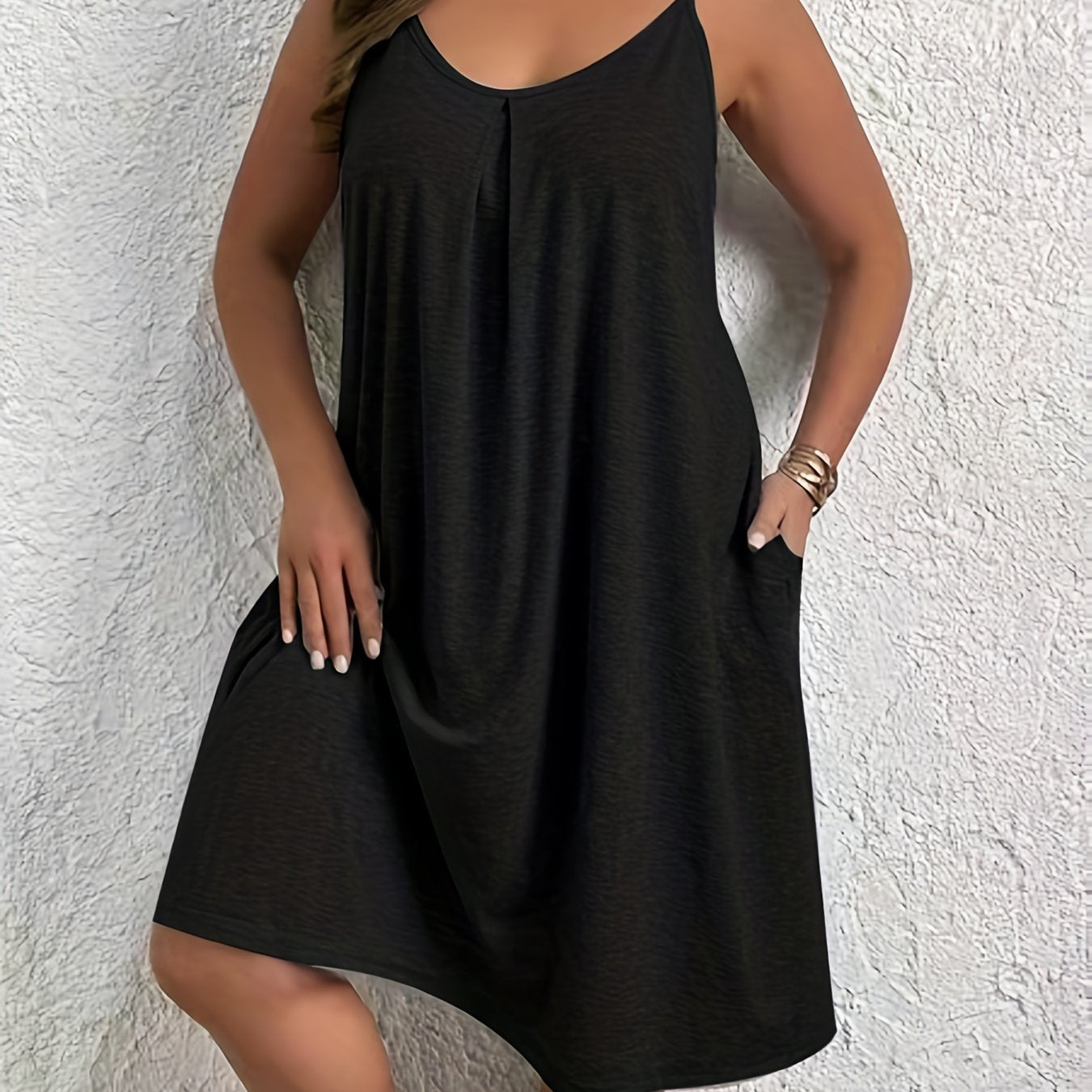  Casual Summer Dress Women's Solid Round Neck Cami Dress With Pockets