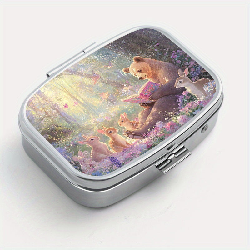 Enchanted Forest 2 Compartment Pill Organizer Metal Case Jewelry Holder