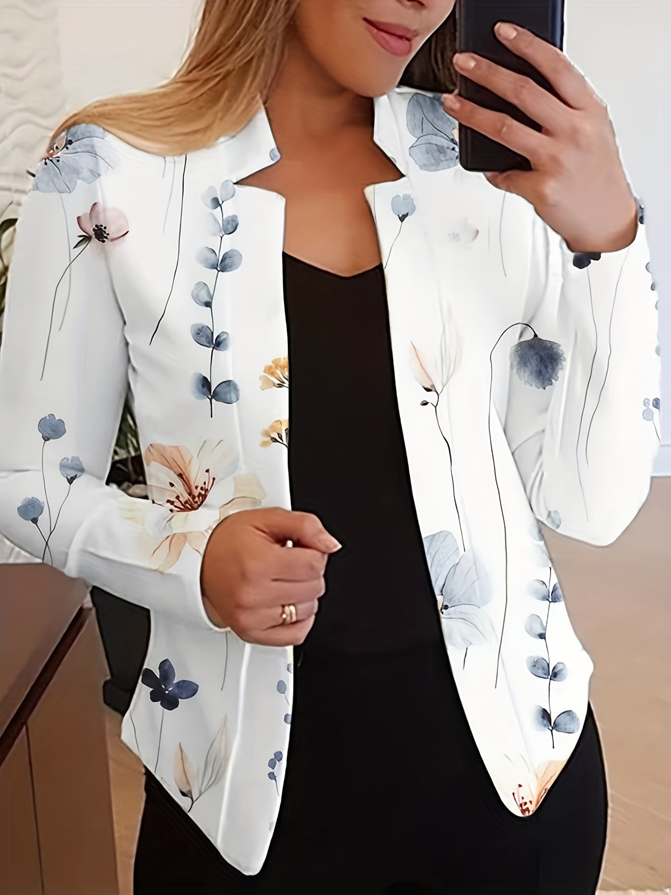 Plus Floral Print Long Sleeve Split Lapel Collar Slim Fit Blazer