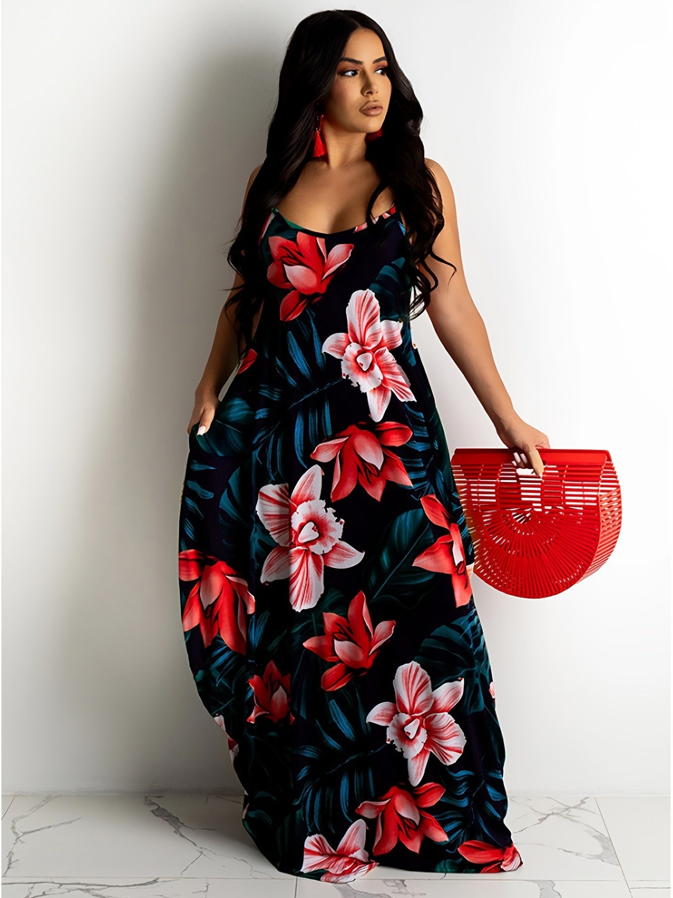  Boho Dress Floral Print V Neck Maxi Dress