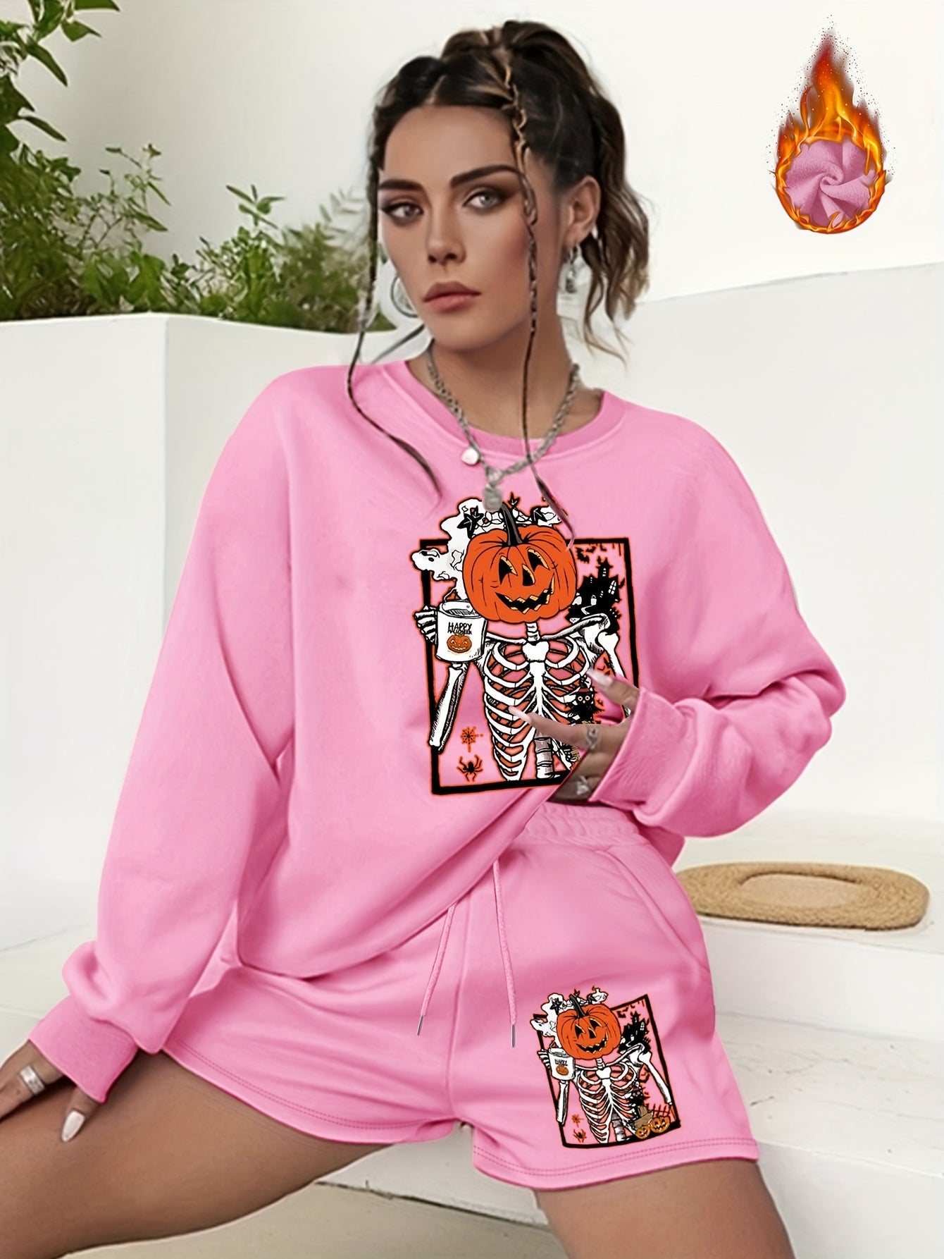  Halloween Graphic Print Sweatshirt & Shorts Set