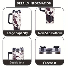 40oz Cow Print Insulated Tumbler with Handle & Straw Lid