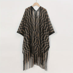 Geometric Striped Print Tassel Shawl Large Wrap Sunscreen Beach Towel