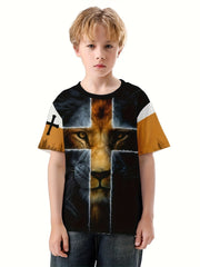 Lion Cross 3D Print Boys T-shirt Summer Lightweight Round Neck Top