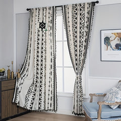 Boho Semi Blackout Curtain, Geometric Print, Tassel, Kitchen Living Room Bedroom